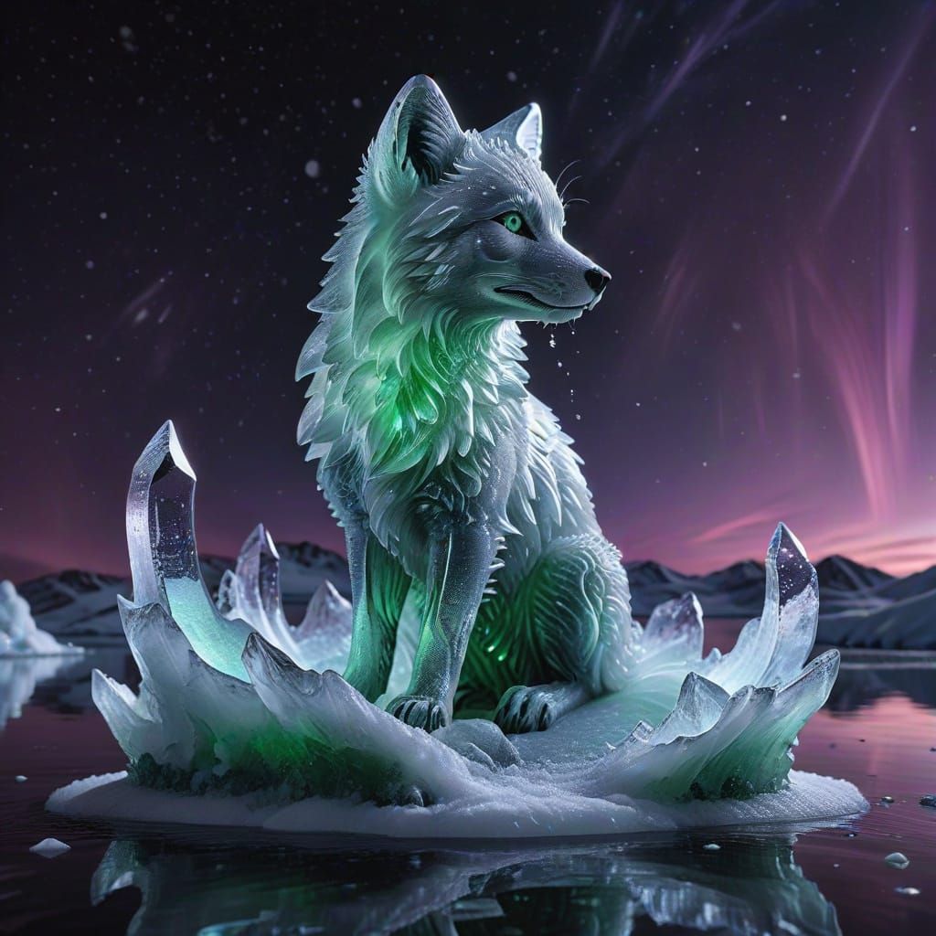 Melting Ice Sculpture: Arctic Fox Family Under Aurora