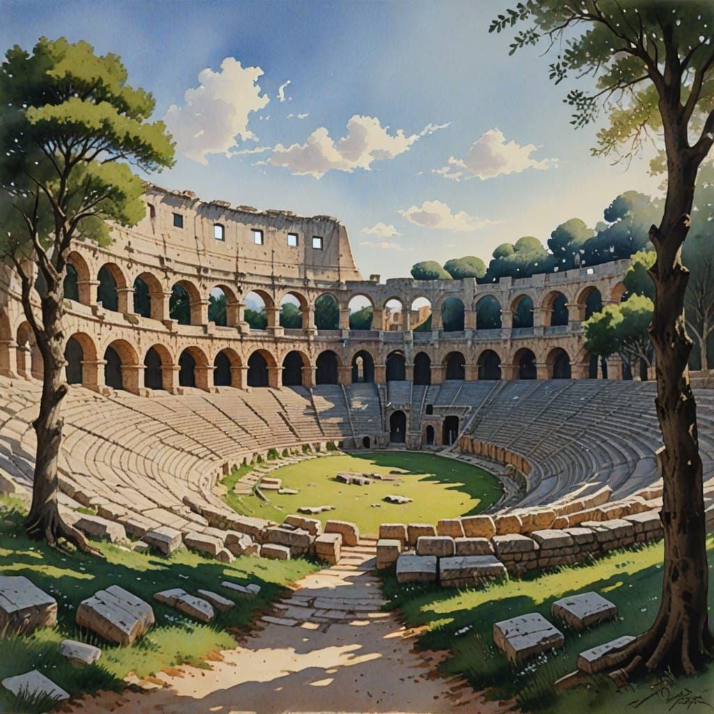 Historic Roman Amphitheatre in Ancient Croatia Watercolor Pa...