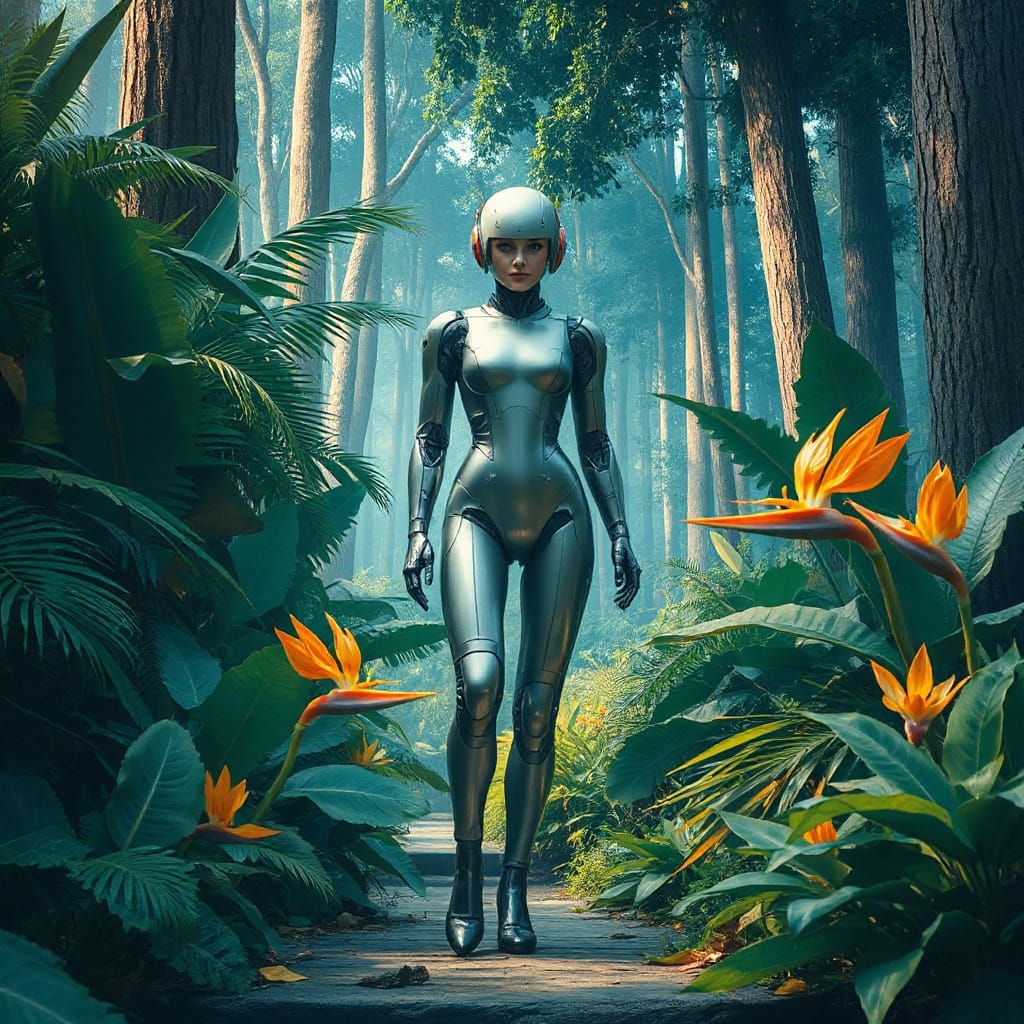 Futuristic Robot in Vibrant Rainforest