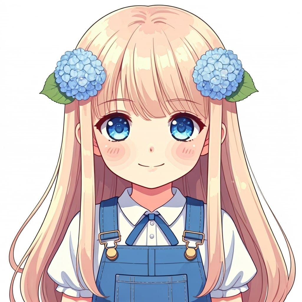 Cute Girl with Hydrangea Clips in Anime Style