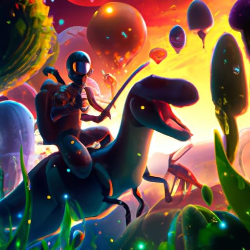 ""Alien  Riding a Dinosaur in a Jungle