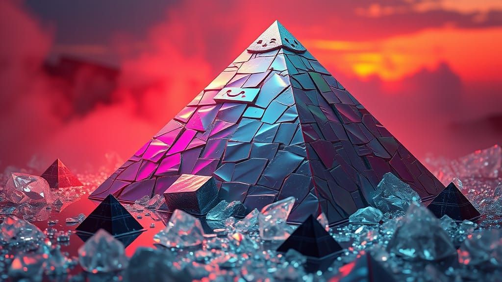 Melancholy CGI Diorama of a Crumbling Iridescent Pyramid