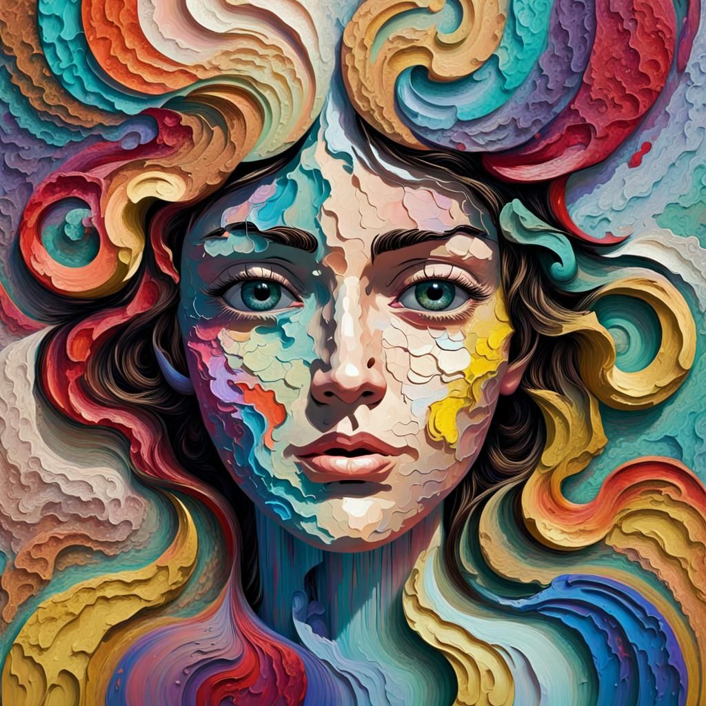 Abstract Face with Impasto Swirls and Glitch Effects