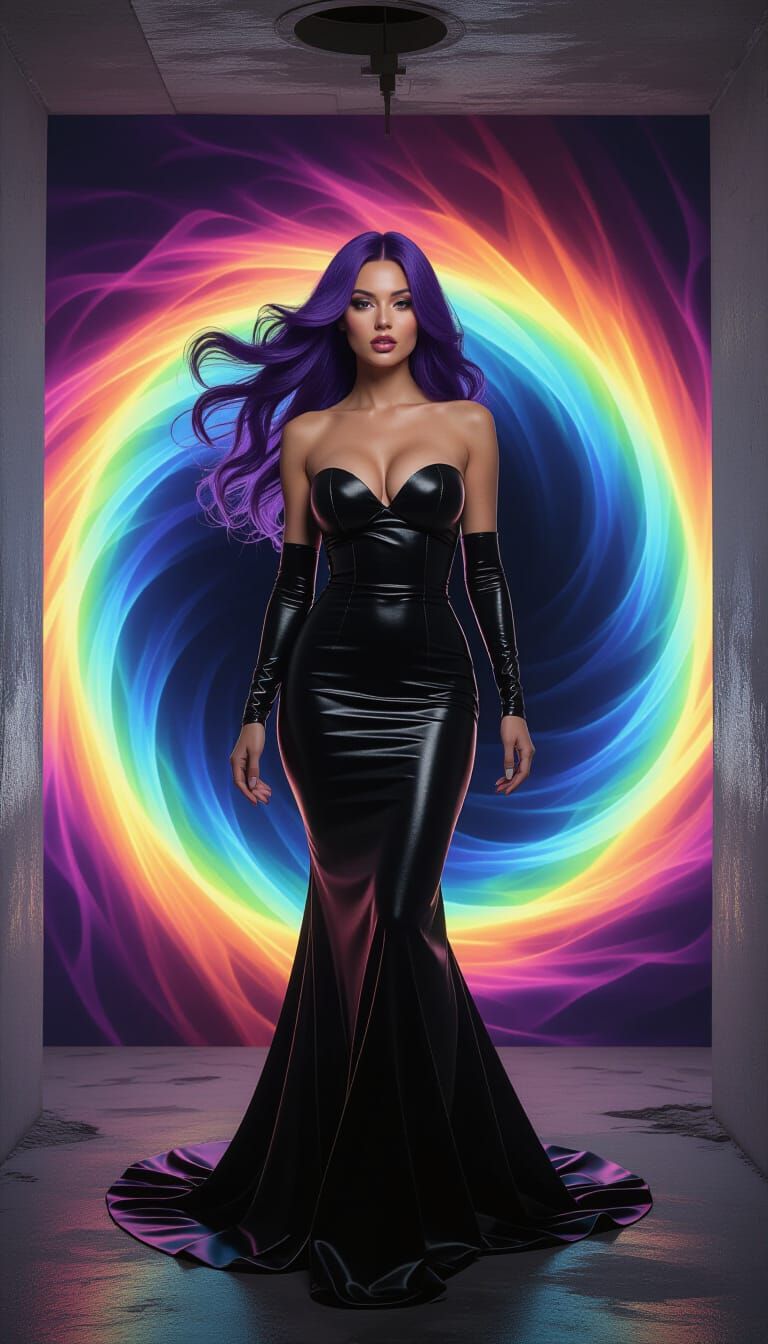 Ethereal Woman Emerges from Rainbow Vortex in Dark Room