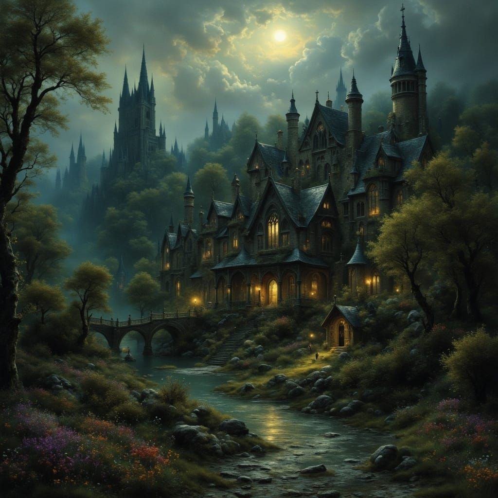Mystical Gothic Town in Perpetual Twilight