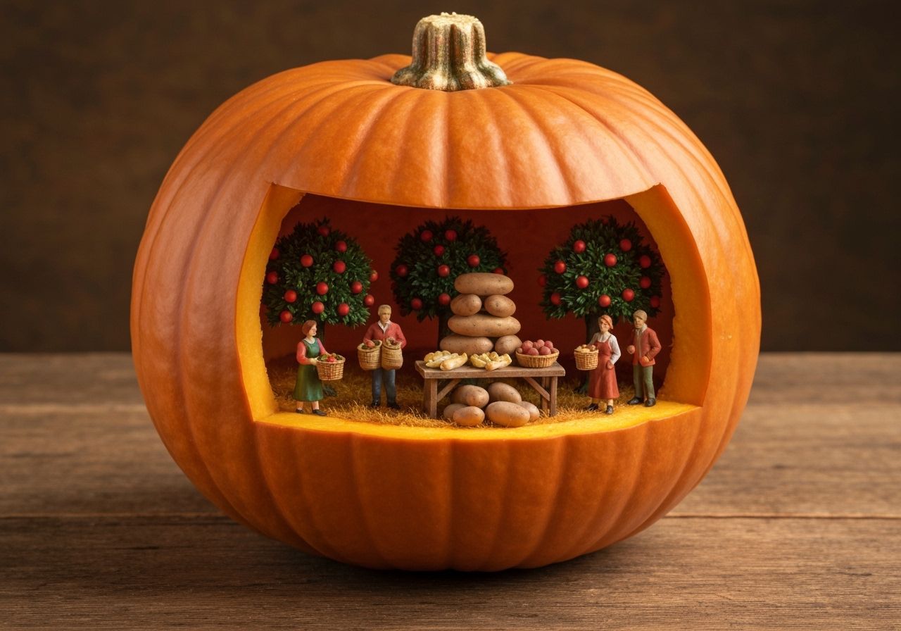Miniature Harvest Scene Inside A Pumpkin