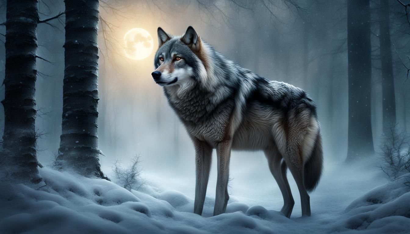 Lone Wolf in Eerie Winter Forest