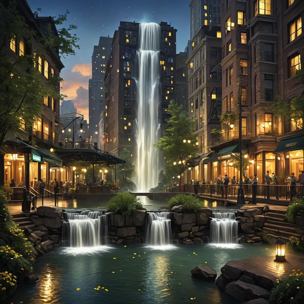 Fireflies in City Waterfall Shower, Ethereal Fantasy