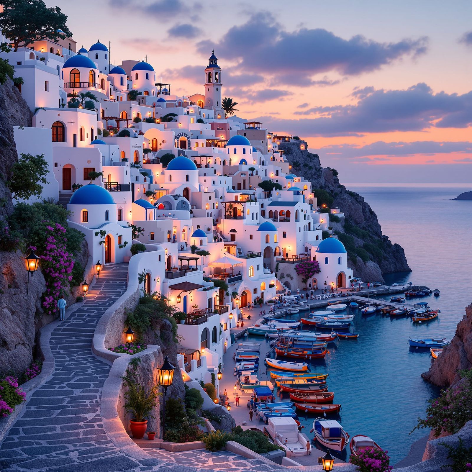 Photorealistic Mediterranean Seaside Town at Dusk
