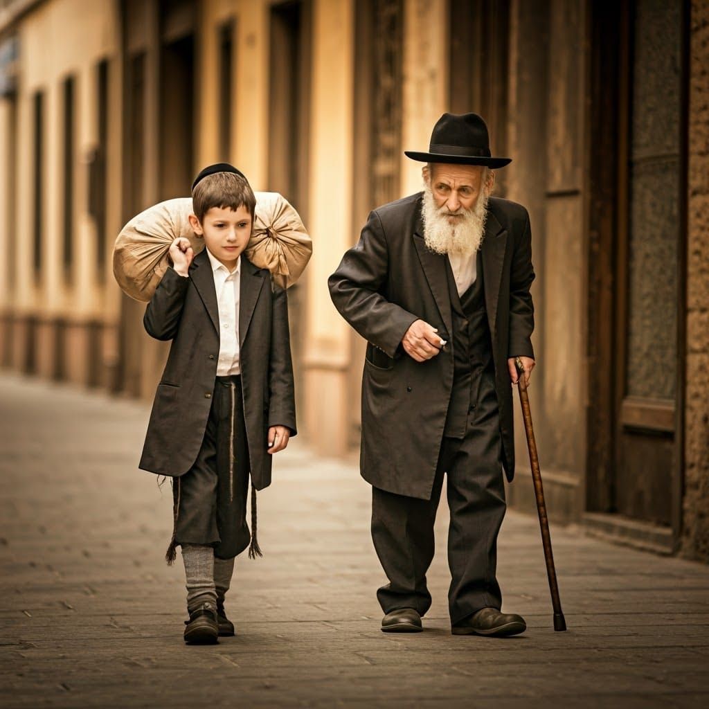 Orthodox Jewish Boy Assists Elderly Man with Groceries in Tr...