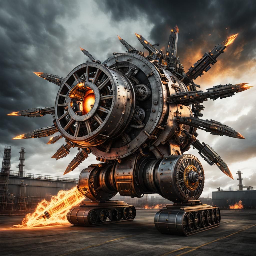 Giant Steampunk Weapon on Wheels with Razor Blades