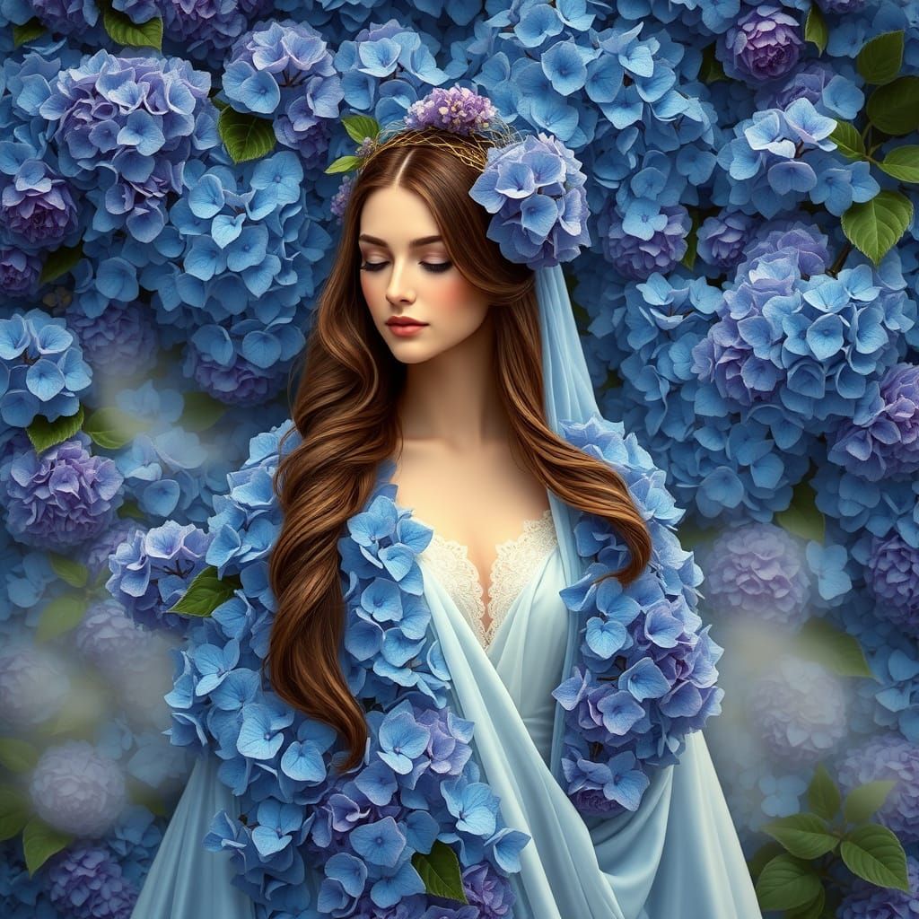 Maiden Amidst Hydrangea Bloom in Dreamlike Fantasy
