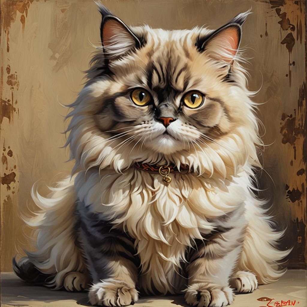 Gil Elvgren style Persian cat, oil painting, expressive emotion, Lou Xaz by artist "anime", Anime Key Visual, Japanese M...