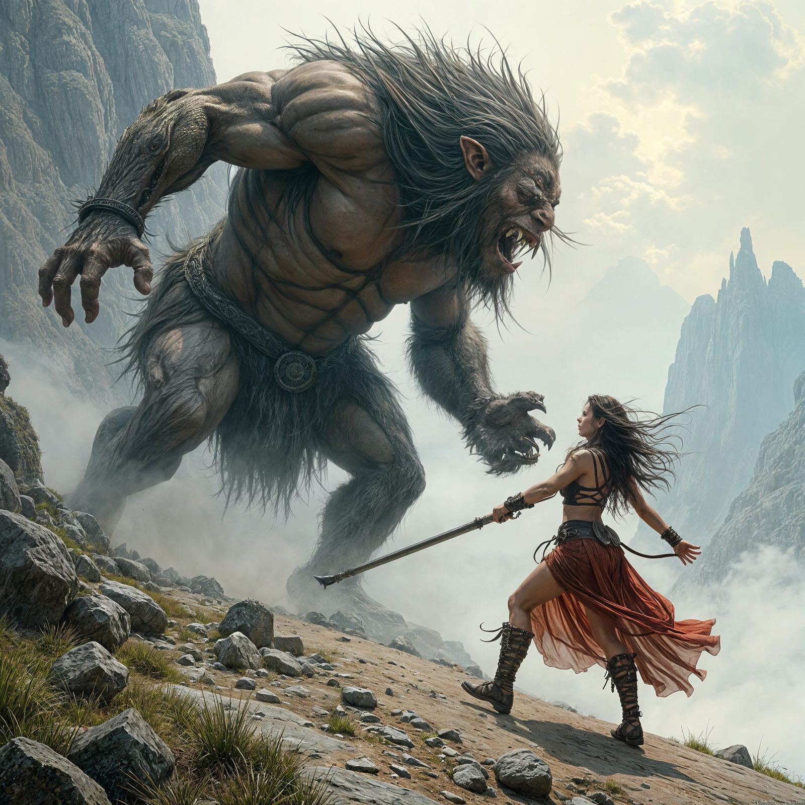 Female Adventurer Battles Mountain Troll: Fantasy Illustrati...
