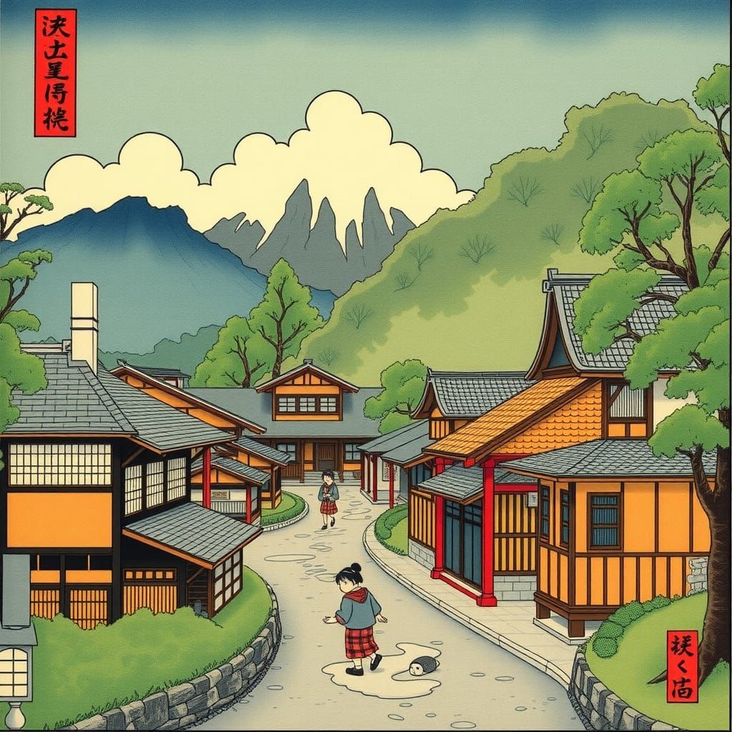 Ukiyo-e Japanese Village Scene in 1600s Style