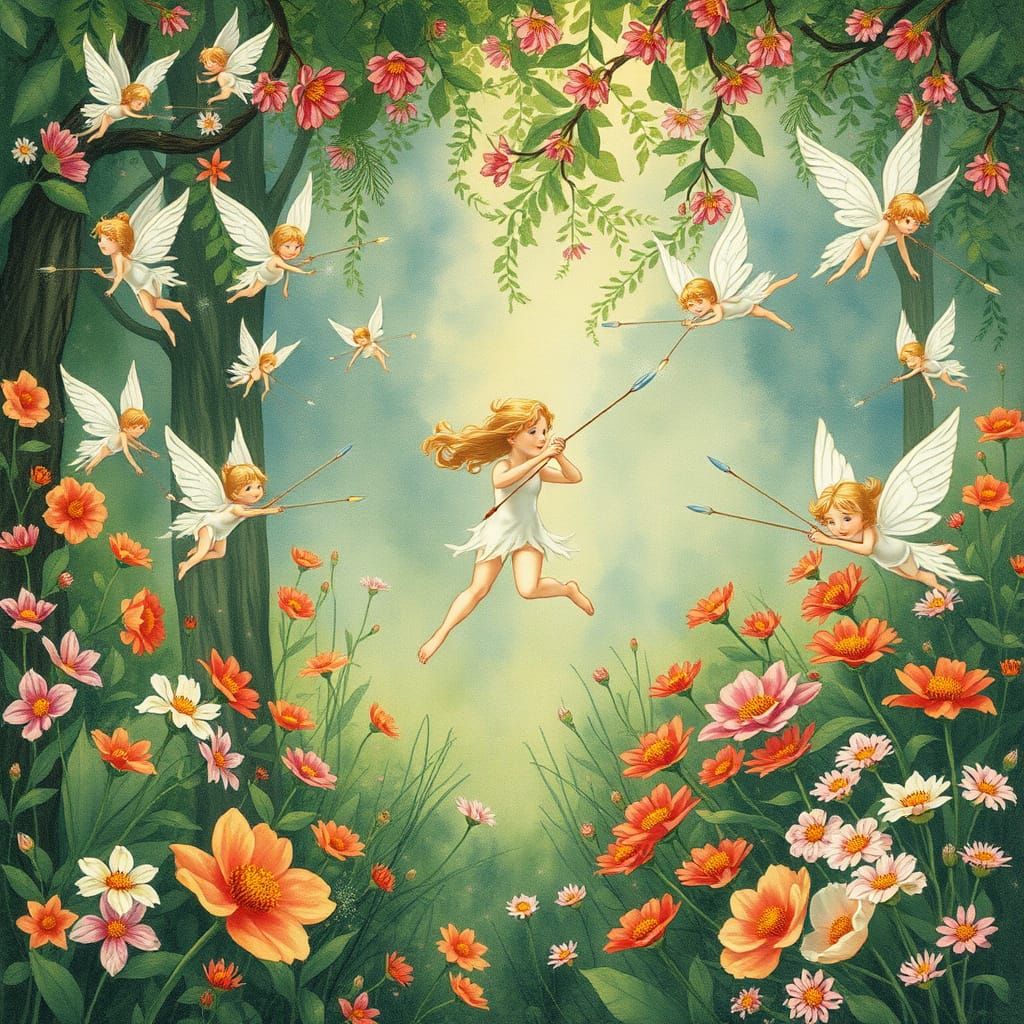 Whimsical Realm of Cupid Fairies in Lush Gardens