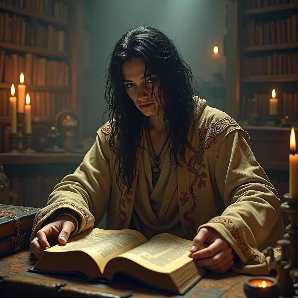 Mystical Figure Surrounded by Ancient Lore