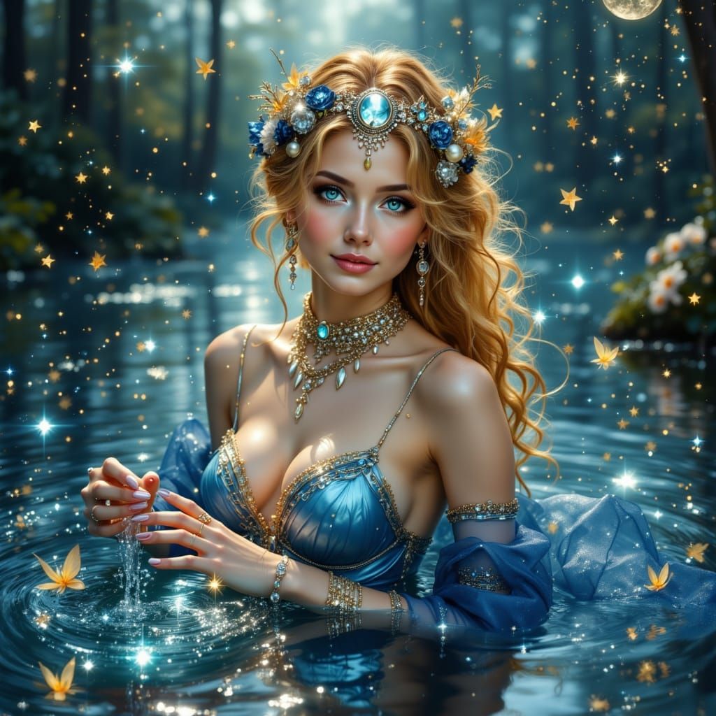 Elf Woman Bathes in Moonlit Pond with Pixies