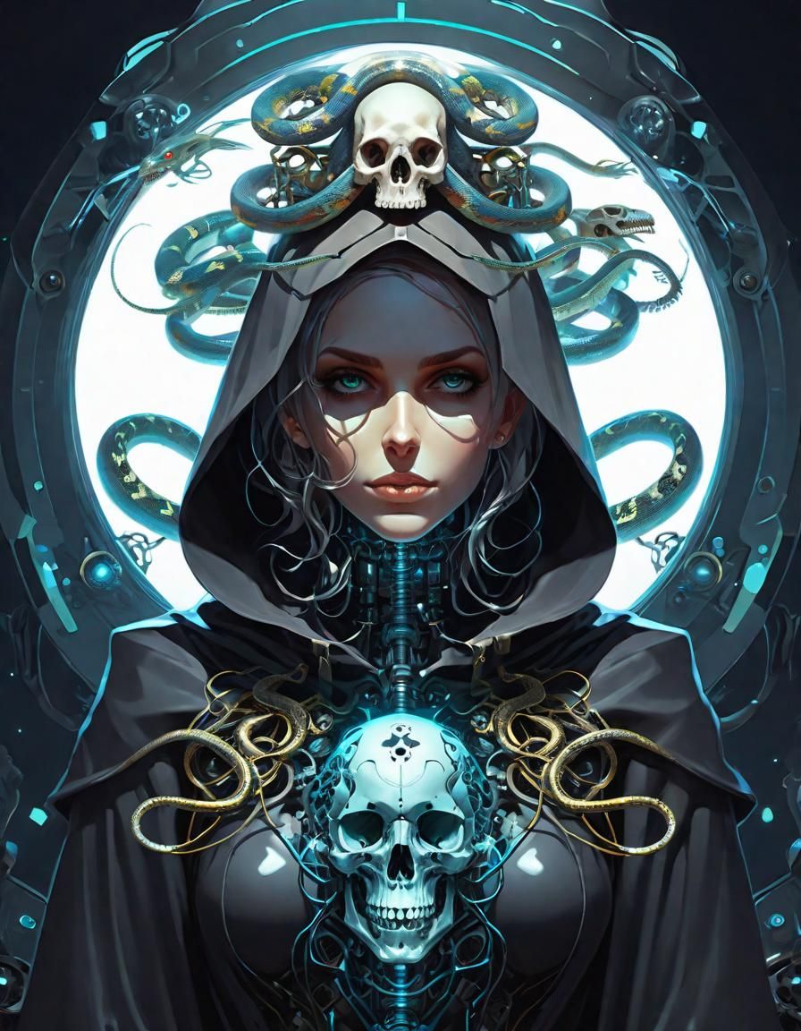 Mechanical Skull Woman with Snakes, Anime Style