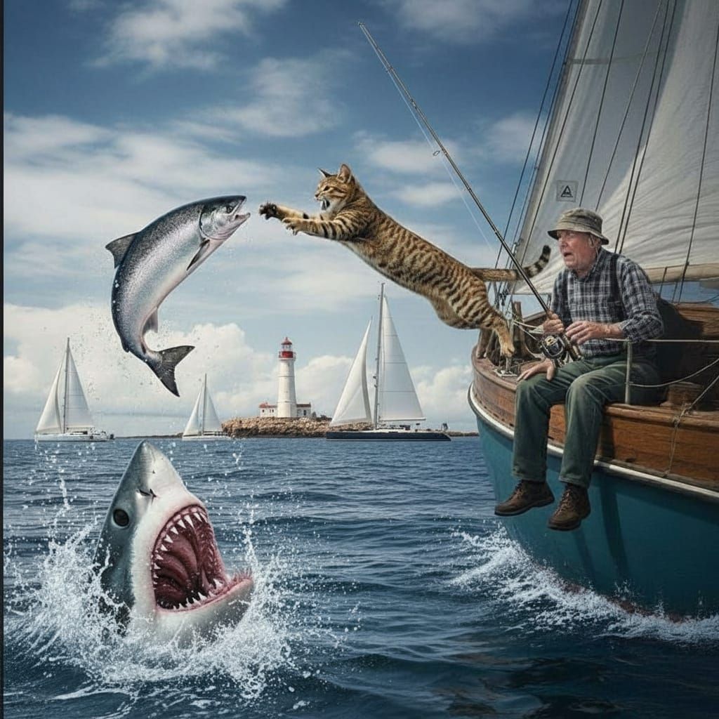 Cat Lunges from Sailboat Towards Salmon, Shark Lurks Below