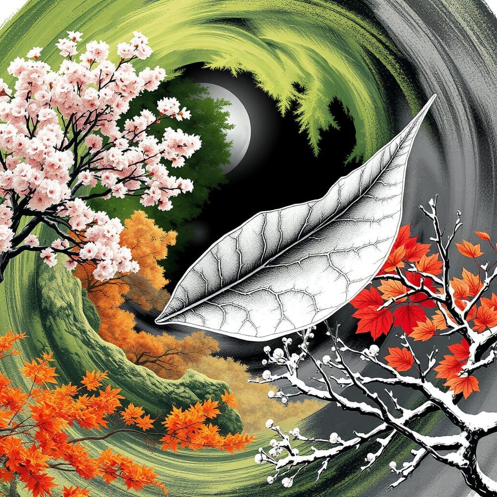 Delicate Leaf in Swirling Vortex of the Four Seasons