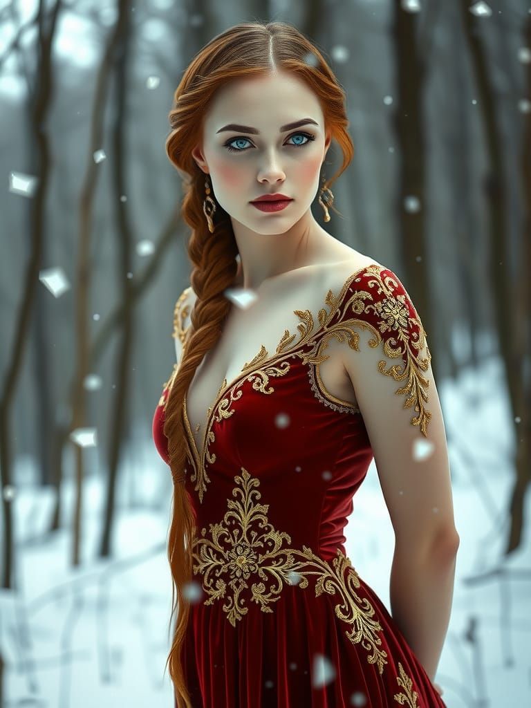 Serene Woman in Royal Gown in Snowy Forest