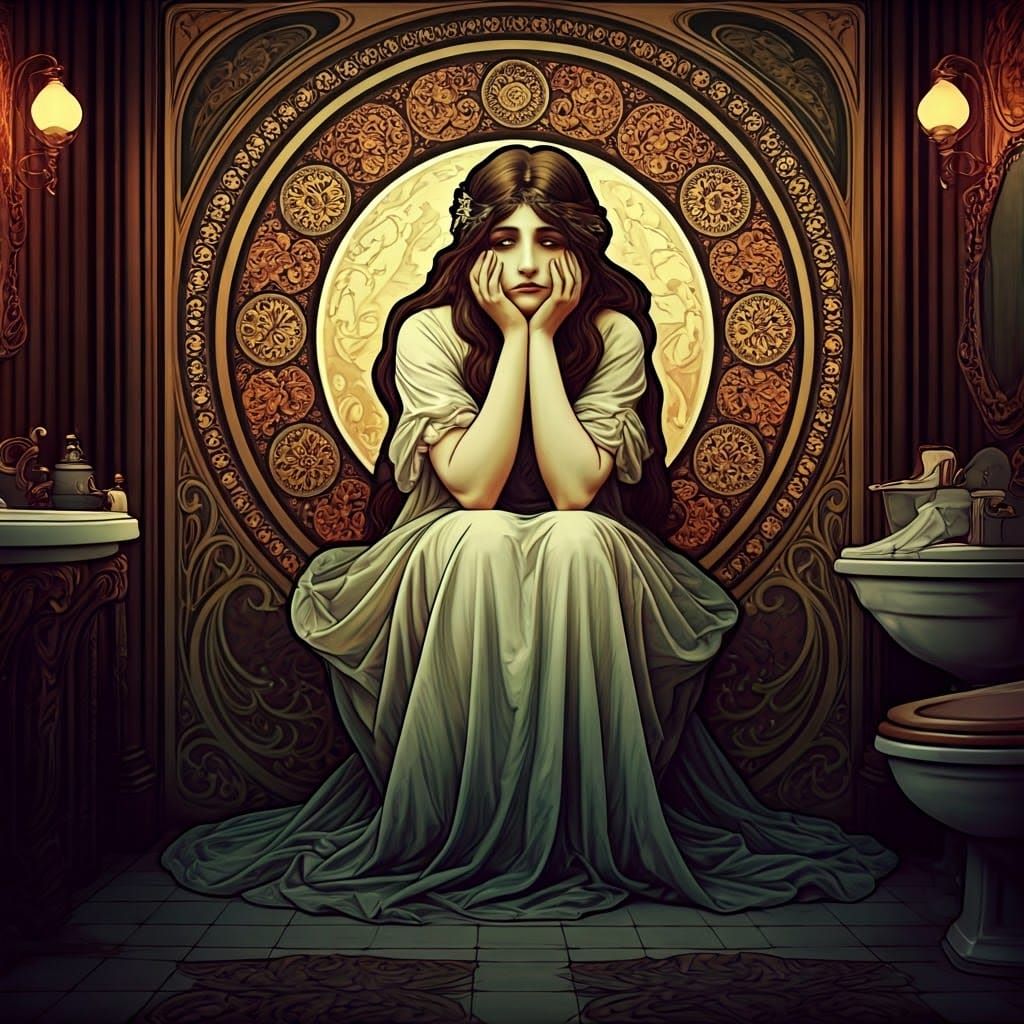 Bleak Art Nouveau Silkscreen of Unhappy Woman