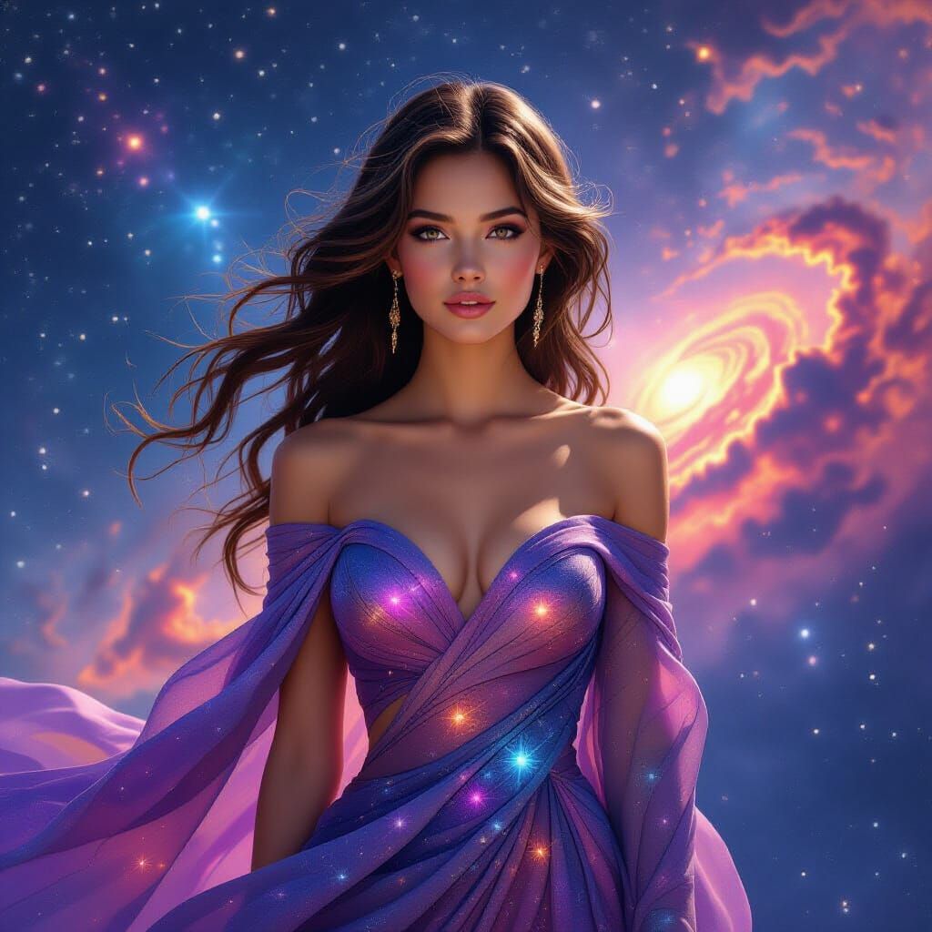 Ethereal Woman Crafted from Glowing Space Nebulae