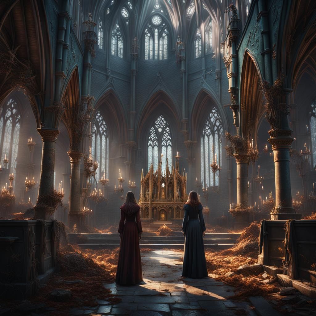Gothic Girls in Forest Church: Detailed Matte Painting