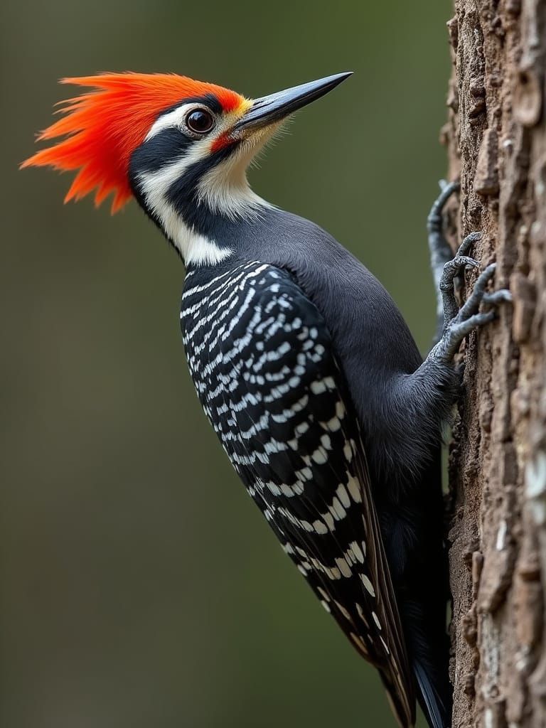 Detailed Woodpecker on Tree Bark Close-Up