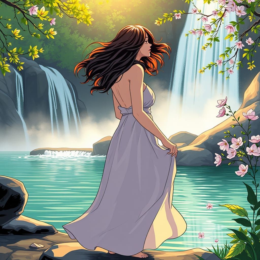 Serene Woman Basks in Warmth Near Quiet Waterfall in Vibrant...