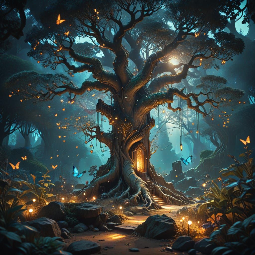 Zen Garden in Ancient Tree, Alphonse Mucha Style