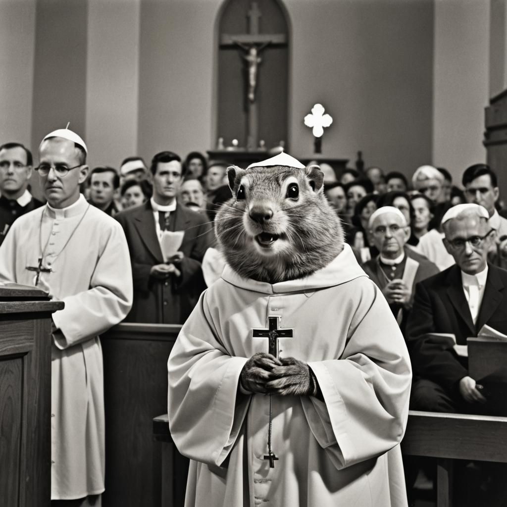 Gopher Priest Saying Mass in 1950s Photo Style