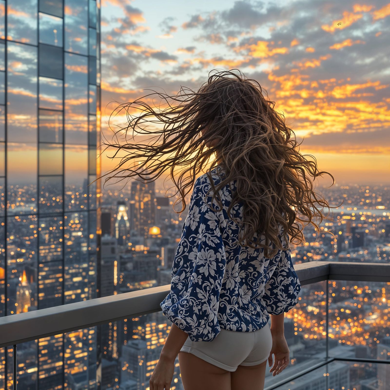 Cityscape at Sunset, Serene Woman on Rooftop