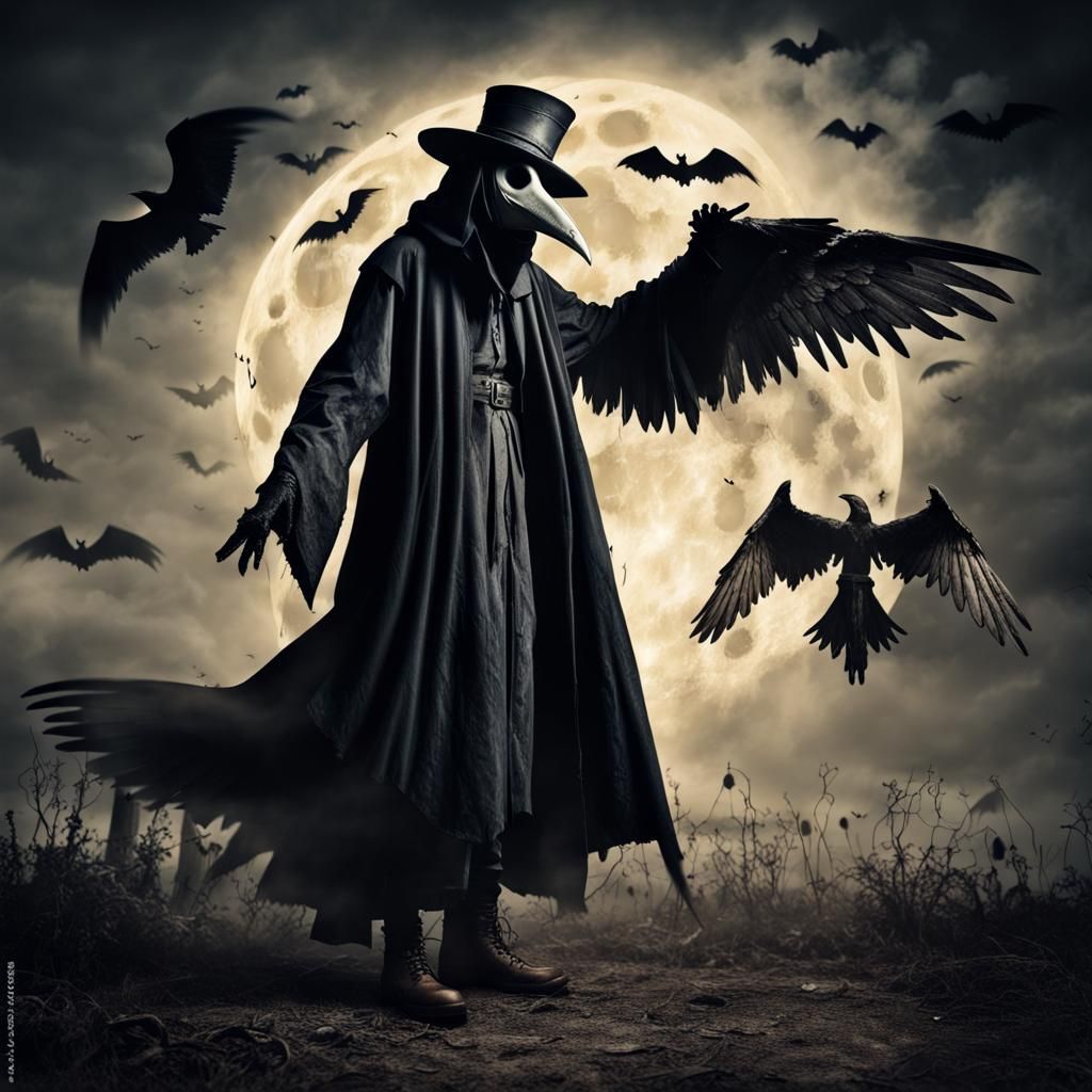 Eerie Angel-Winged Plague Doctor Under Full Moon