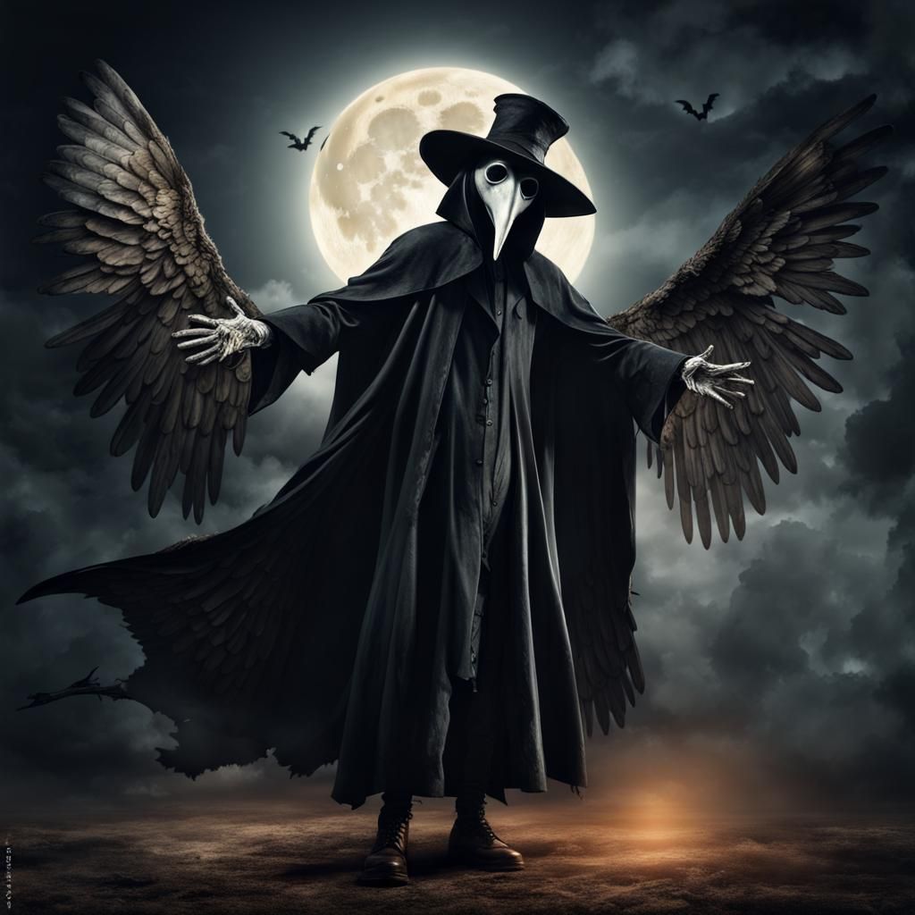 Eerie Plague Doctor with Wings in Photographic Style