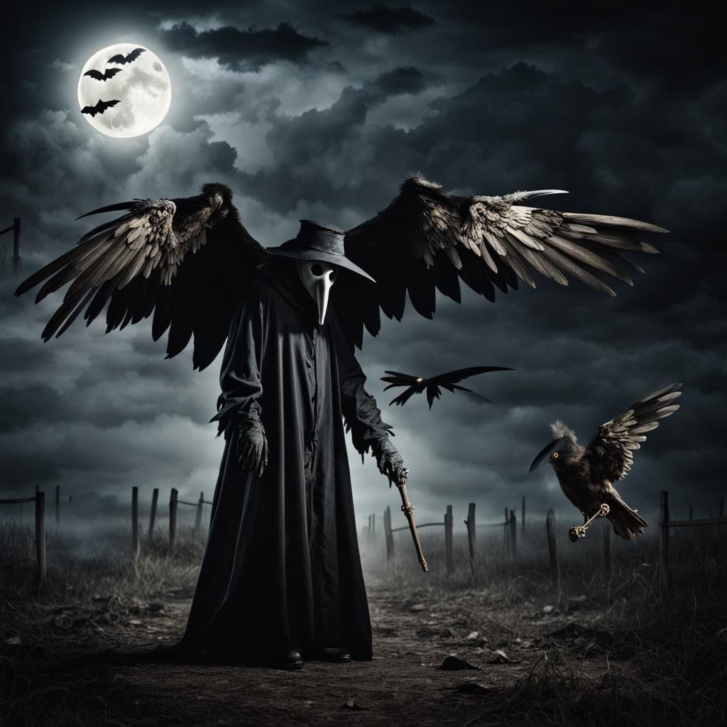 Eerie Plague Doctor with Angel Wings in Photographic Style