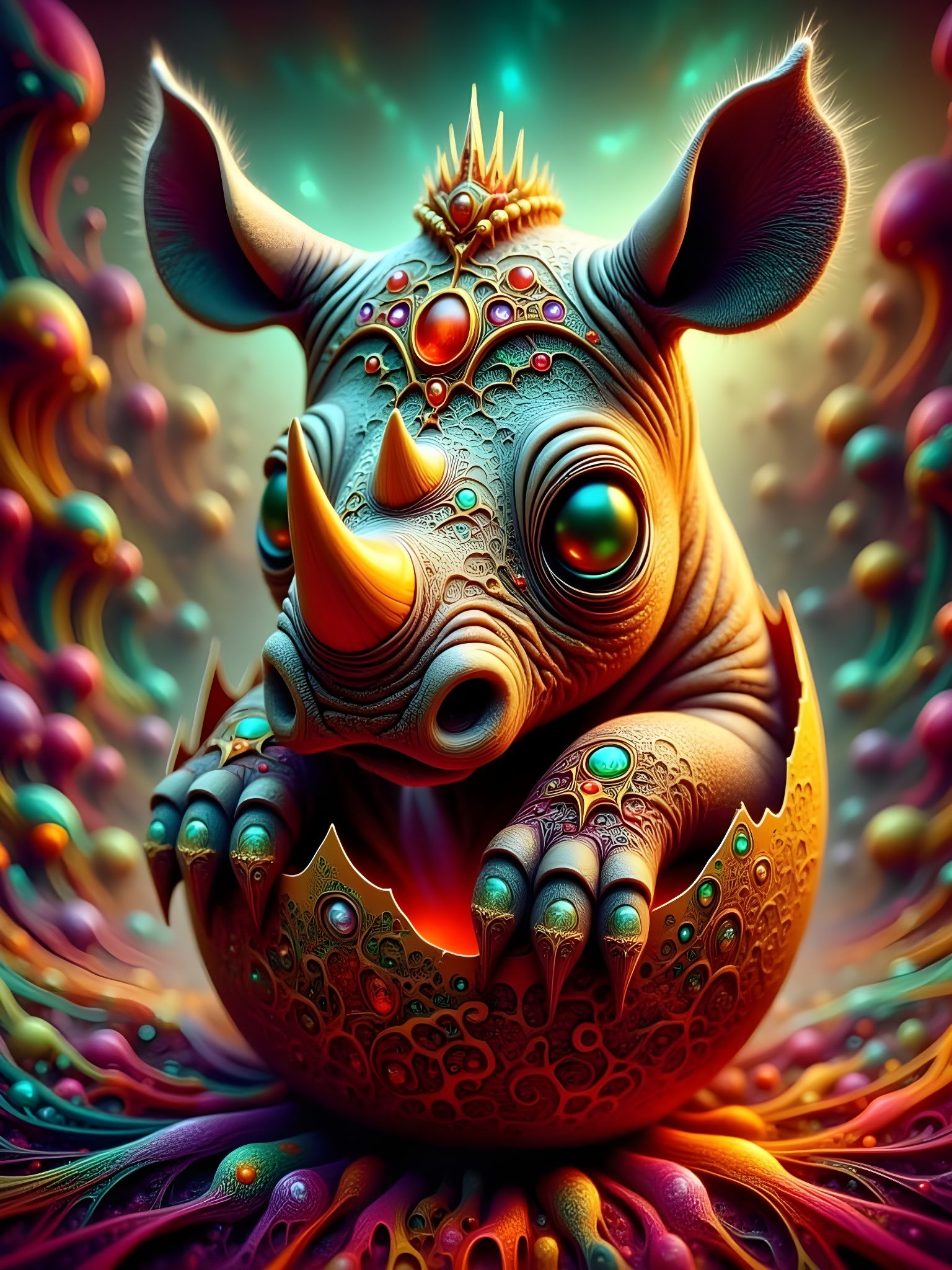 Surreal Chibi Rhinoceros in Whimsical Atmosphere