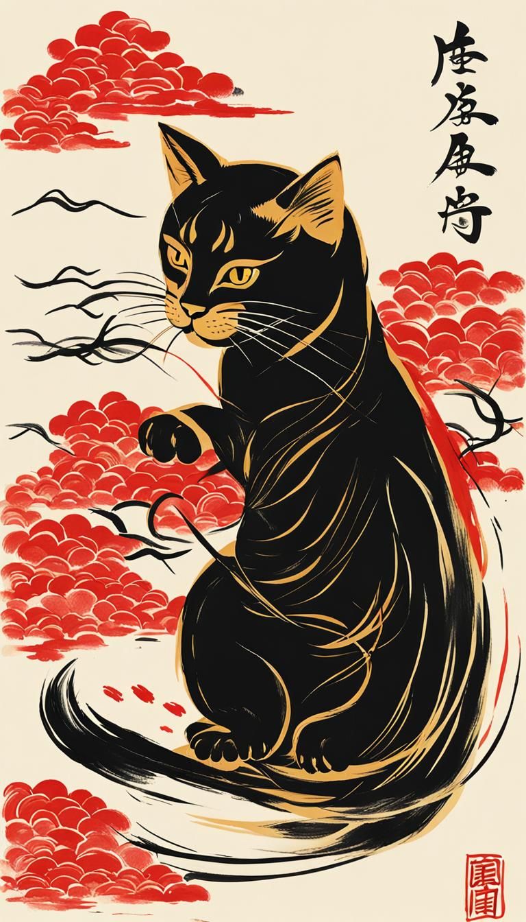 Golden Lucky Cat in Chinese Painting Style