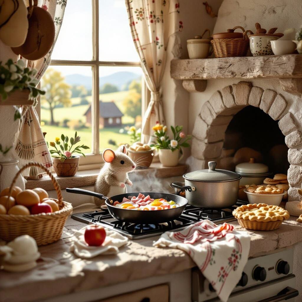 Cozy Kitchen Scene with Mouse, Storybook Illustration