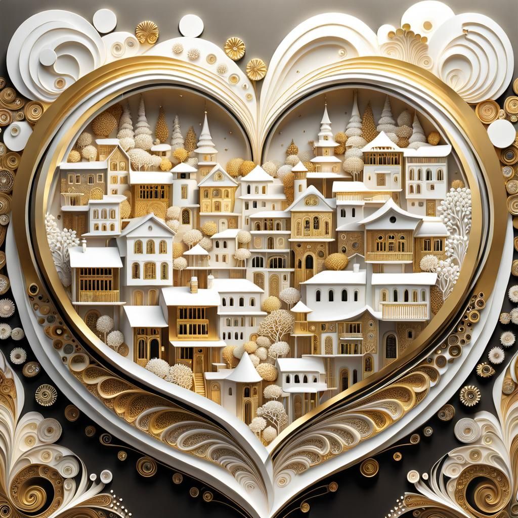Heart-Shaped Village in Klimt-Inspired Mosaic Style
