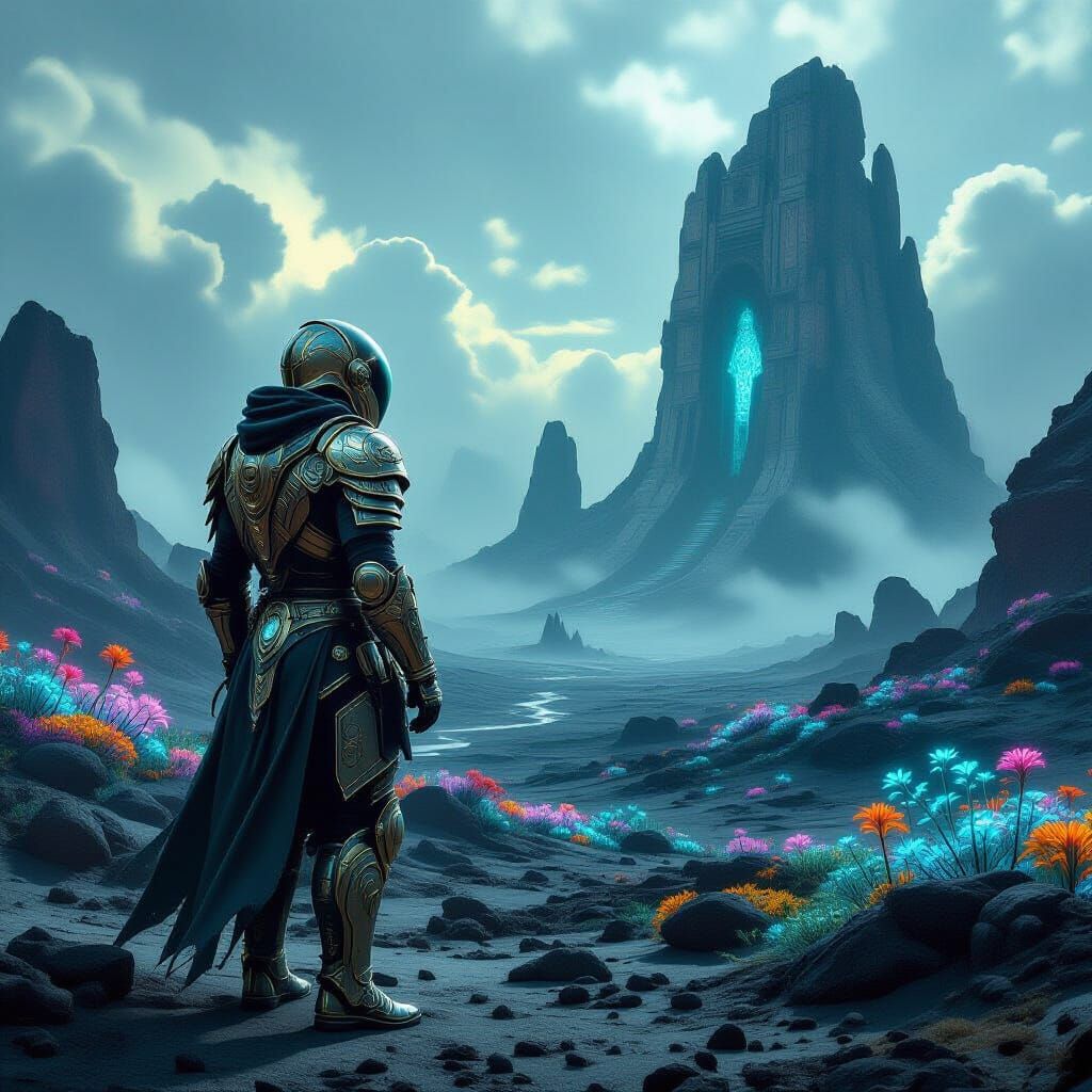 An ancient astronaut, clad in ornate, weathered armor remini...