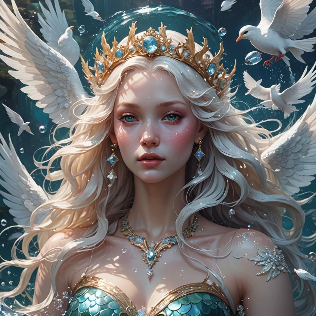 Albino Winged Mermaid in Cosmic Underwater Scene