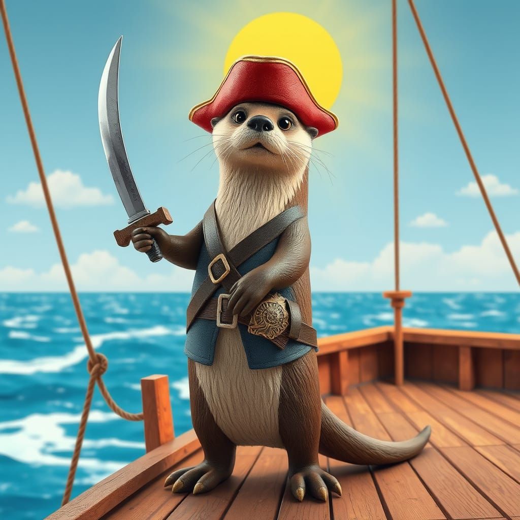 Otter Pirate Captain on Deck in Wood Block Style
