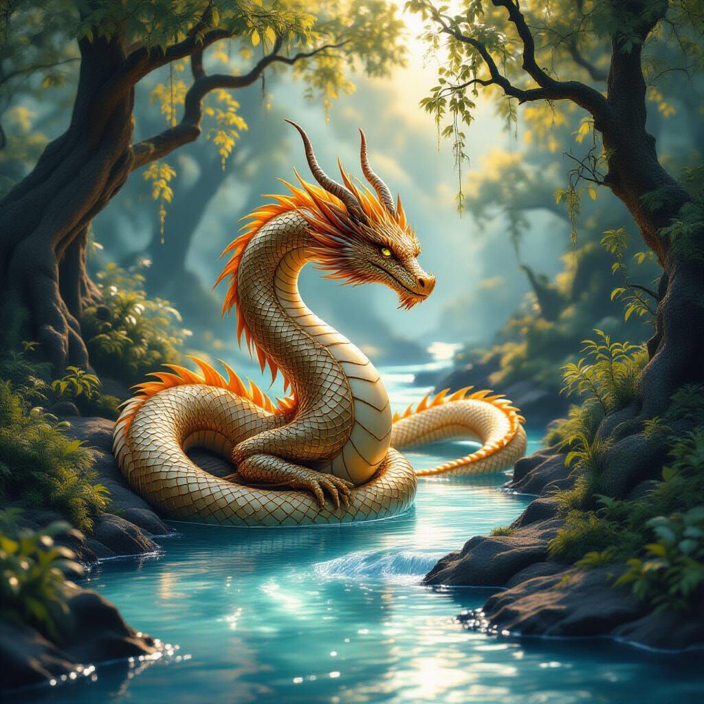 Golden Dragon River Serenity in Ethereal Twilight