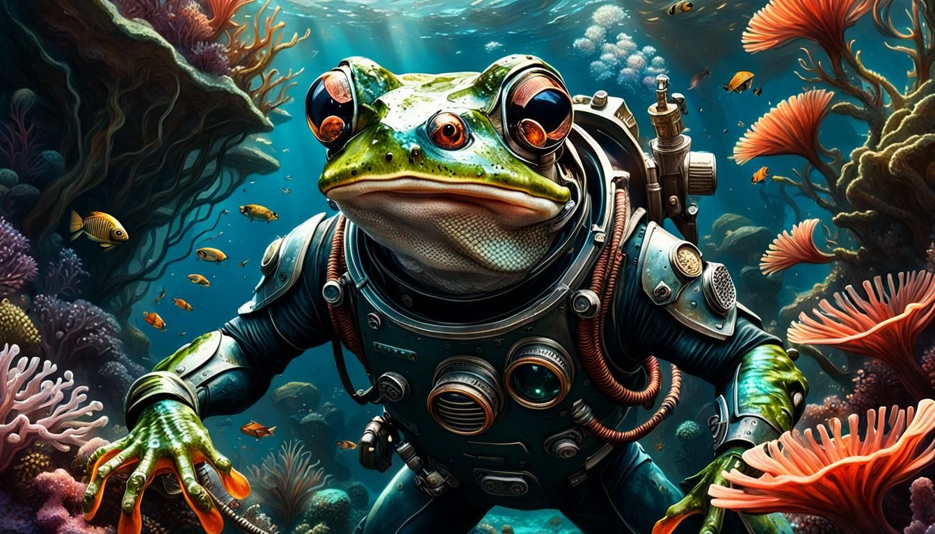 Steampunk Frog Aquanaut in Coral Reef Fantasy