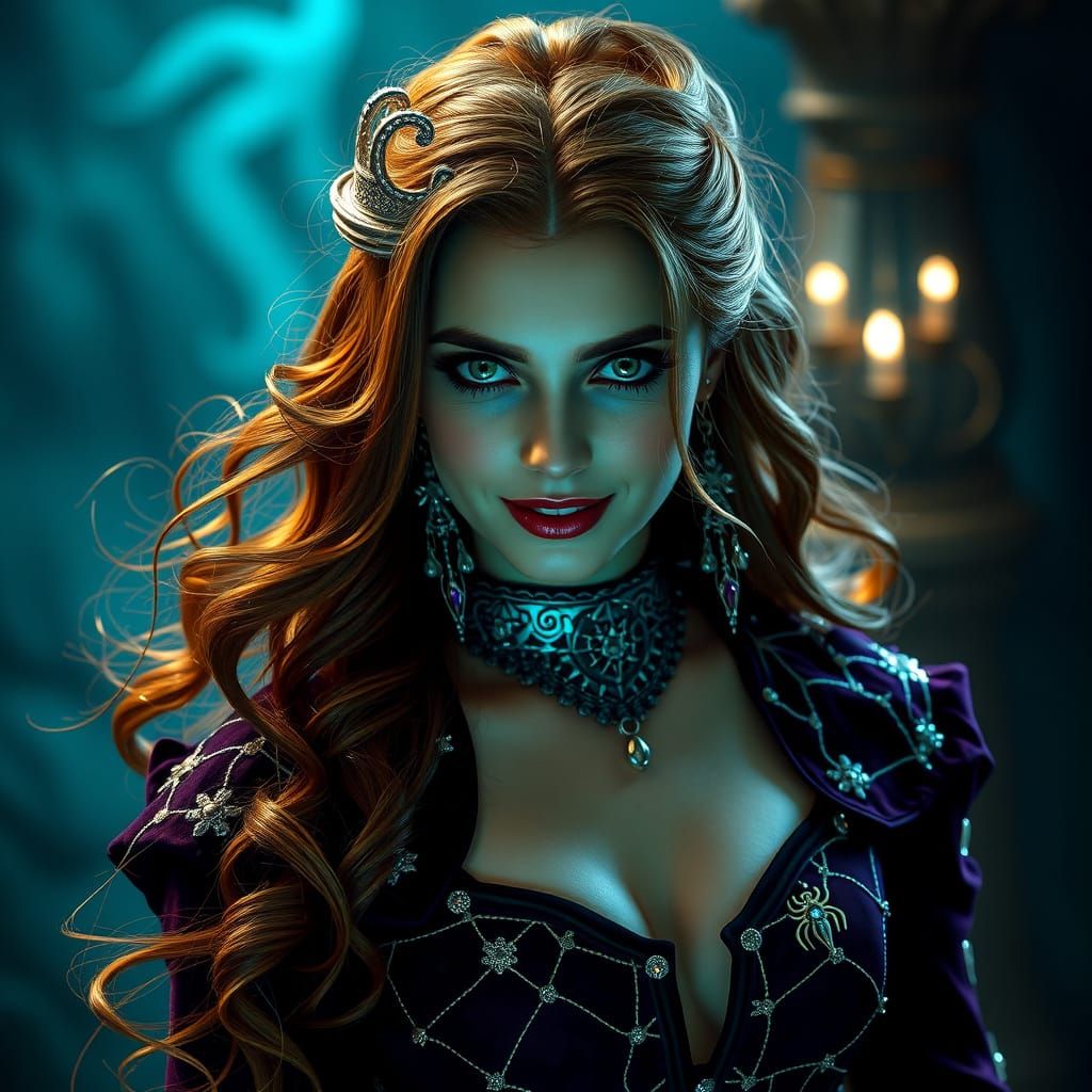 Enigmatic Queen with Green Eyes in Purple Gown