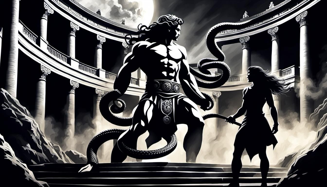 Hercules and Medusa in Black and White Comic Style