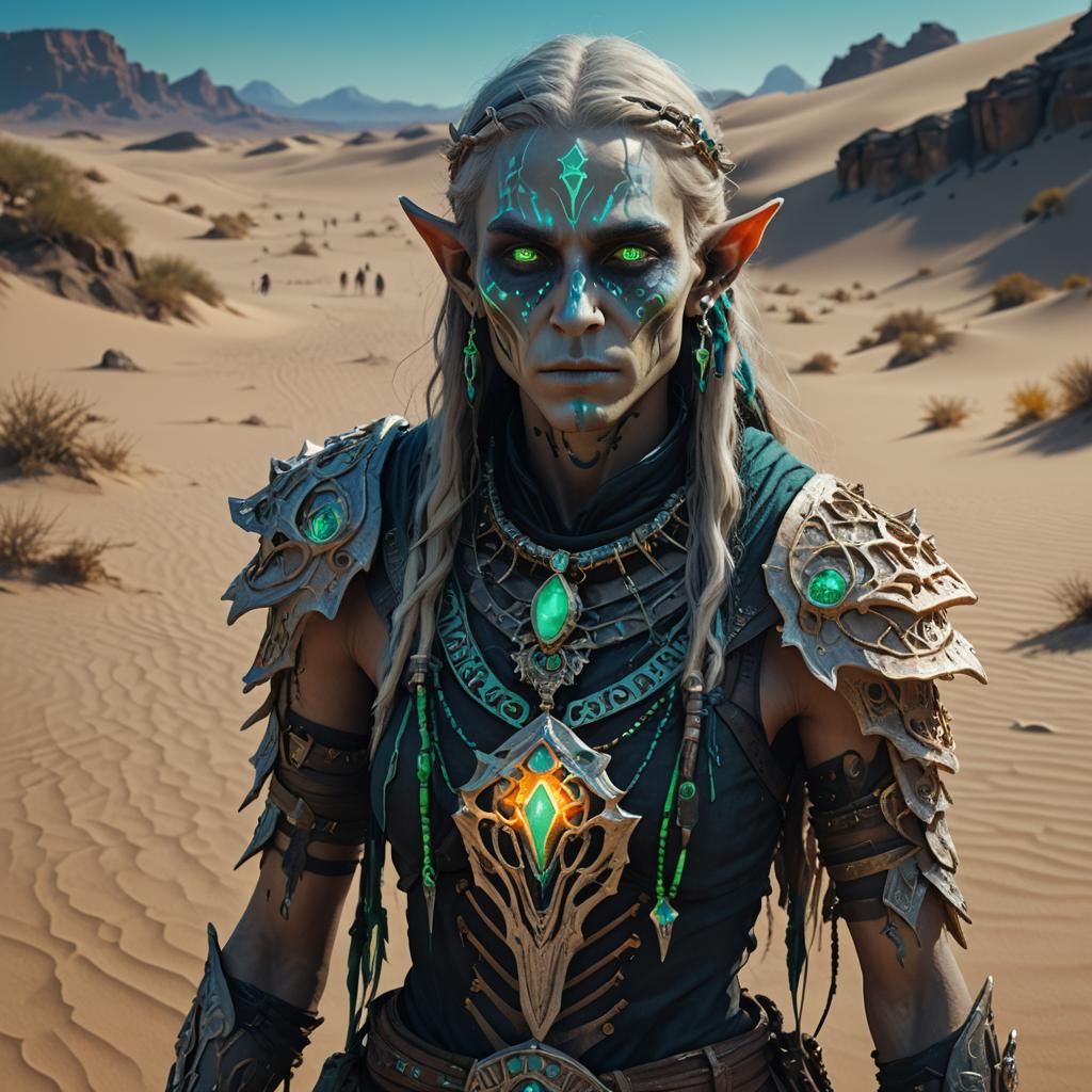 Elf Necromancer in Desert Landscape: Dark Fantasy Art