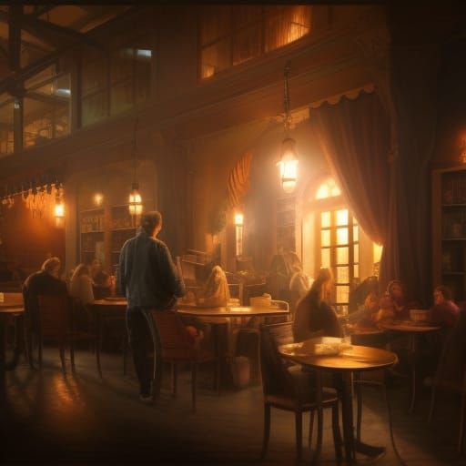 Cozy Bookstore Cafe with Magic Swirls